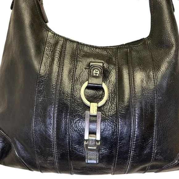 Etienne Aiguer Purse Genuine Leather shoulder handbag black silver hardware - Picture 3 of 3